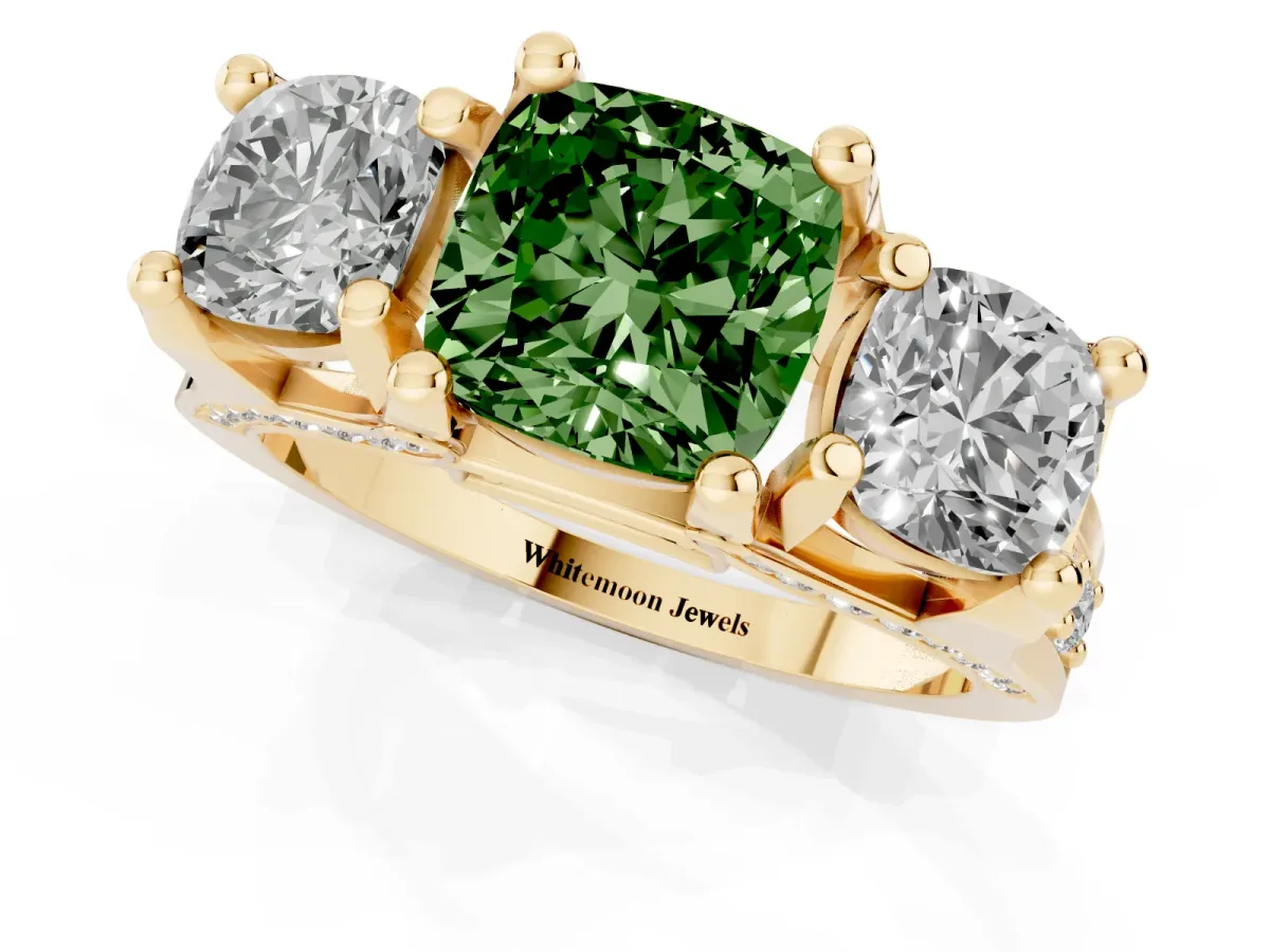 Fancy Green Cushion Cut Diamond Three-Stone Ring with Channel Set Band and Four-Prong Setting Yellow gold