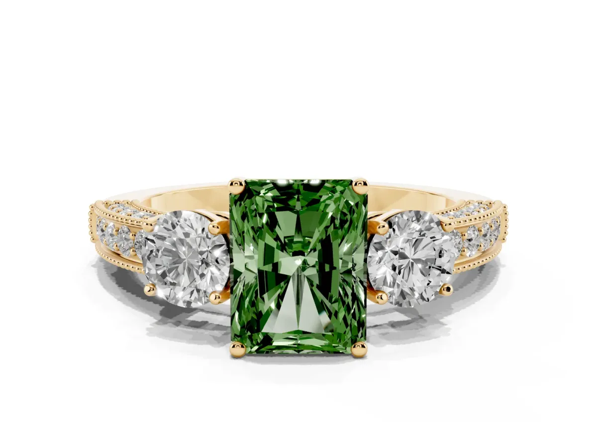 Fancy Green Radiant Cut Three-Stone Diamond Ring with Pavé Band and Four-Prong Setting Yellow gold