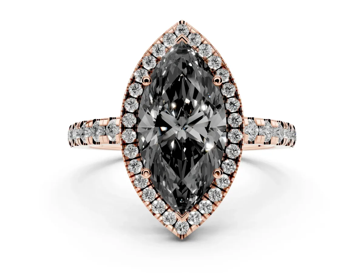 Fancy Black Marquise Cut Diamond Halo Ring with Pavé Band and Four-Prong Setting Rose gold