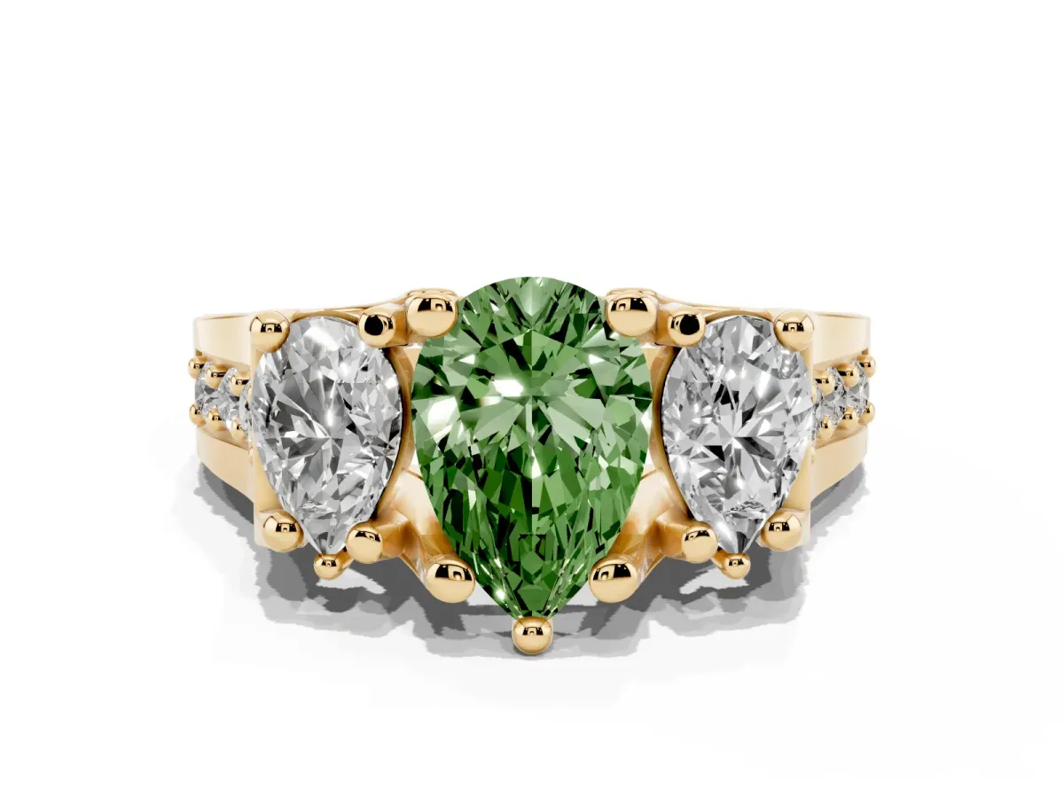 Fancy Green Pear Cut Diamond Three-Stone Ring with Channel Set Band and Four-Prong Setting Yellow gold