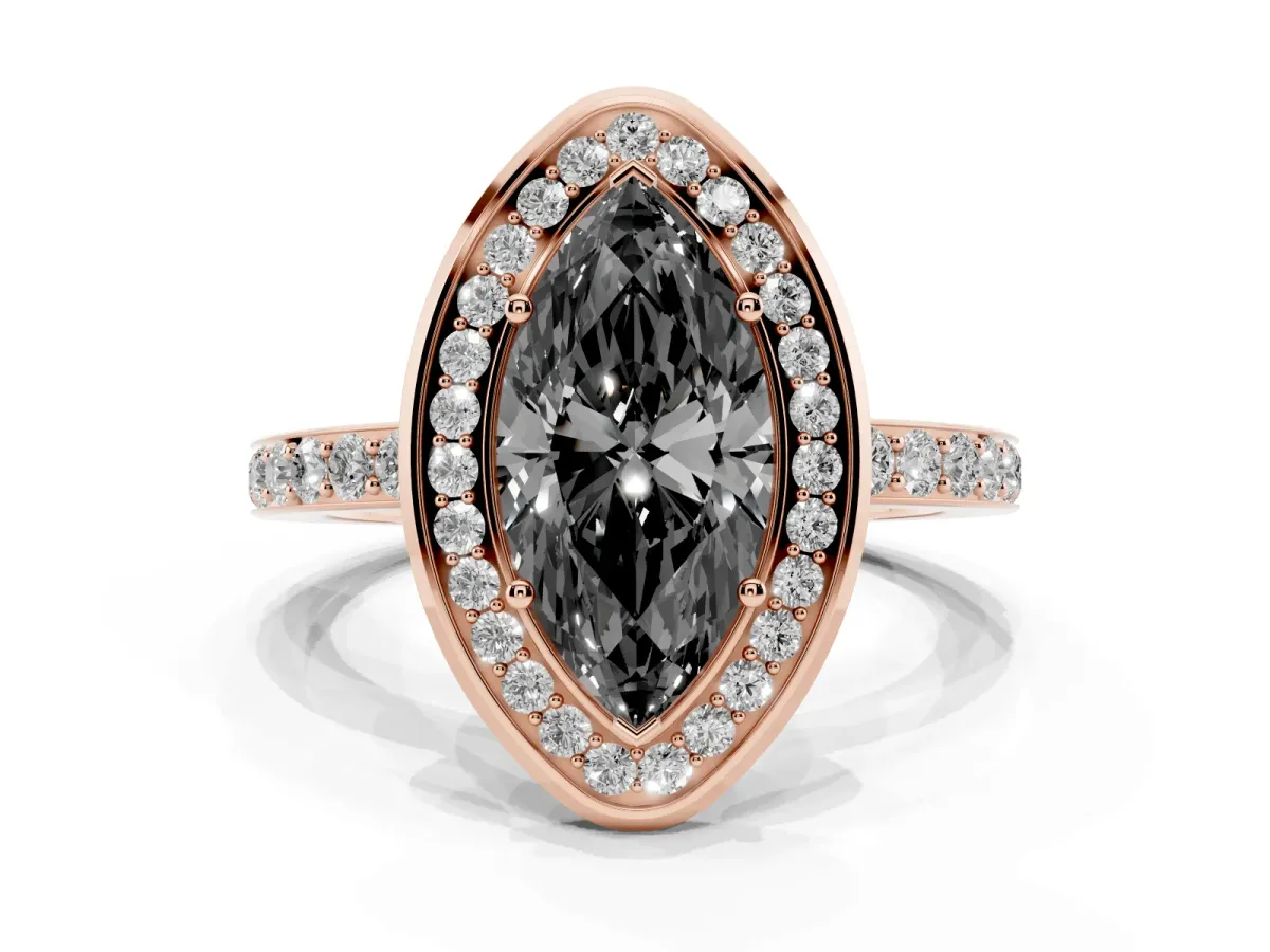 Fancy Black Marquise Cut Diamond Halo Ring with Bezel Frame and Pavé Band Rose gold