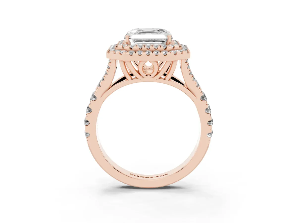 Asscher Cut Diamond Pavé Split Shank Double Halo Engagement Ring Rose gold