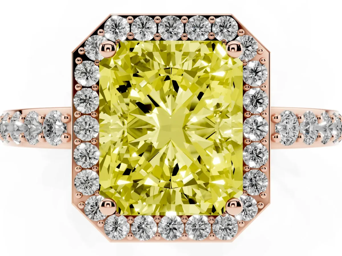 Fancy Yellow Radiant Cut Halo Diamond Pavé Band Ring with Prong Setting Rose gold