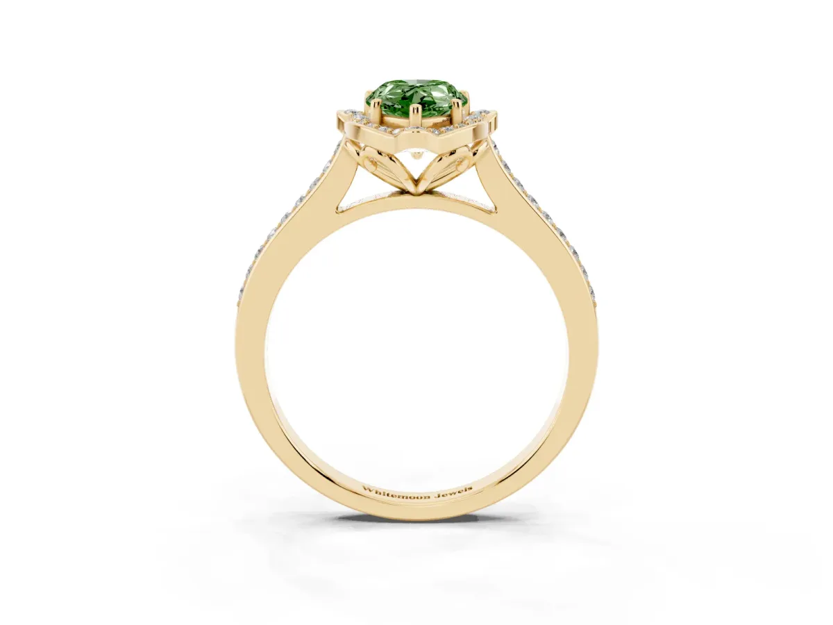 Fancy Green Pear Cut Halo Round Diamond Pave Band with Four-Prong Setting Yellow gold