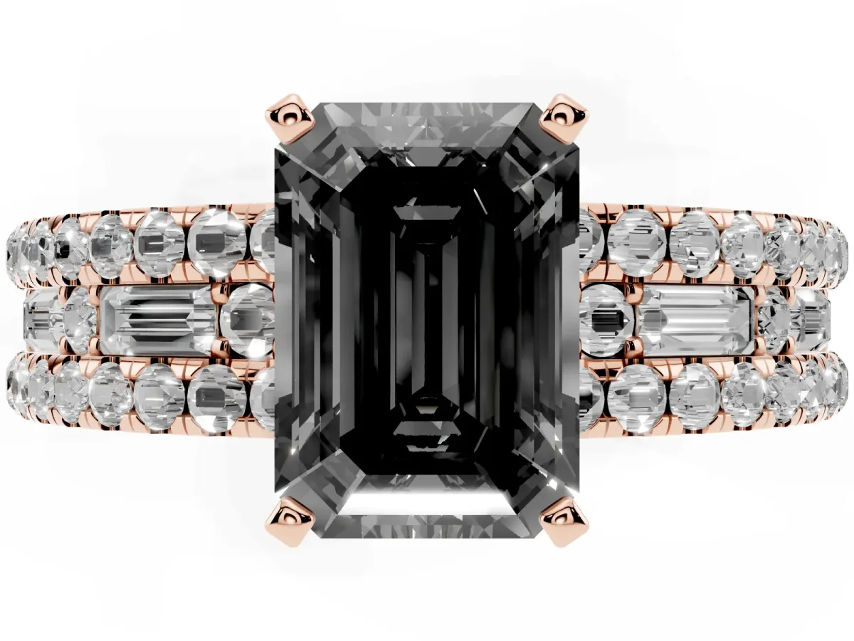 Fancy Black Emerald Cut Diamond Solitaire Ring with Pavé and Channel Set Band Rose gold