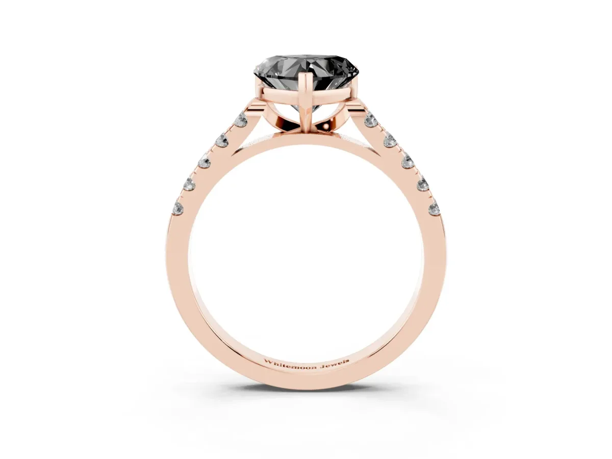 Fancy Black Heart Cut Diamond Pavé Band Solitaire Ring with Prong Setting Rose gold