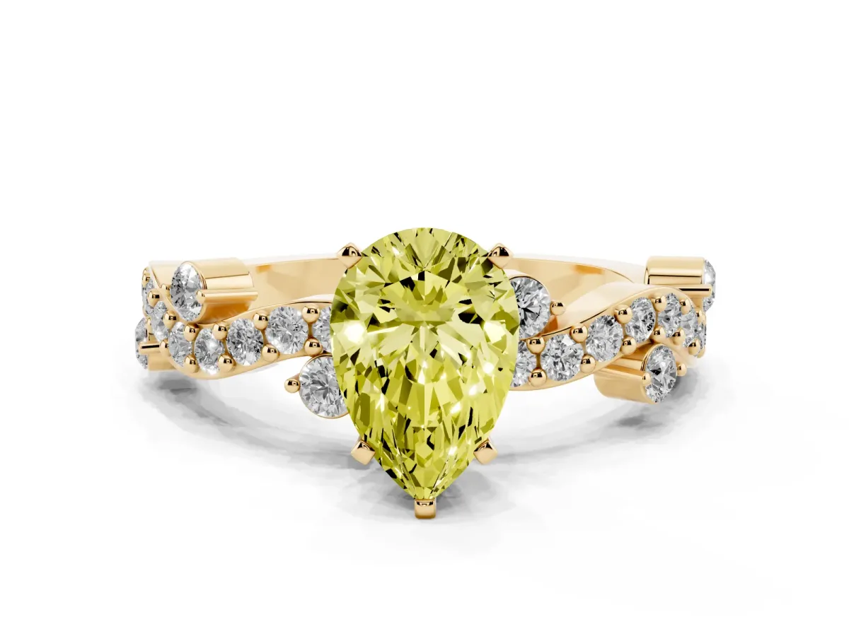 Fancy Yellow Pear Cut Cut Solitaire Diamond Twisted Band with Pave Setting Yellow gold