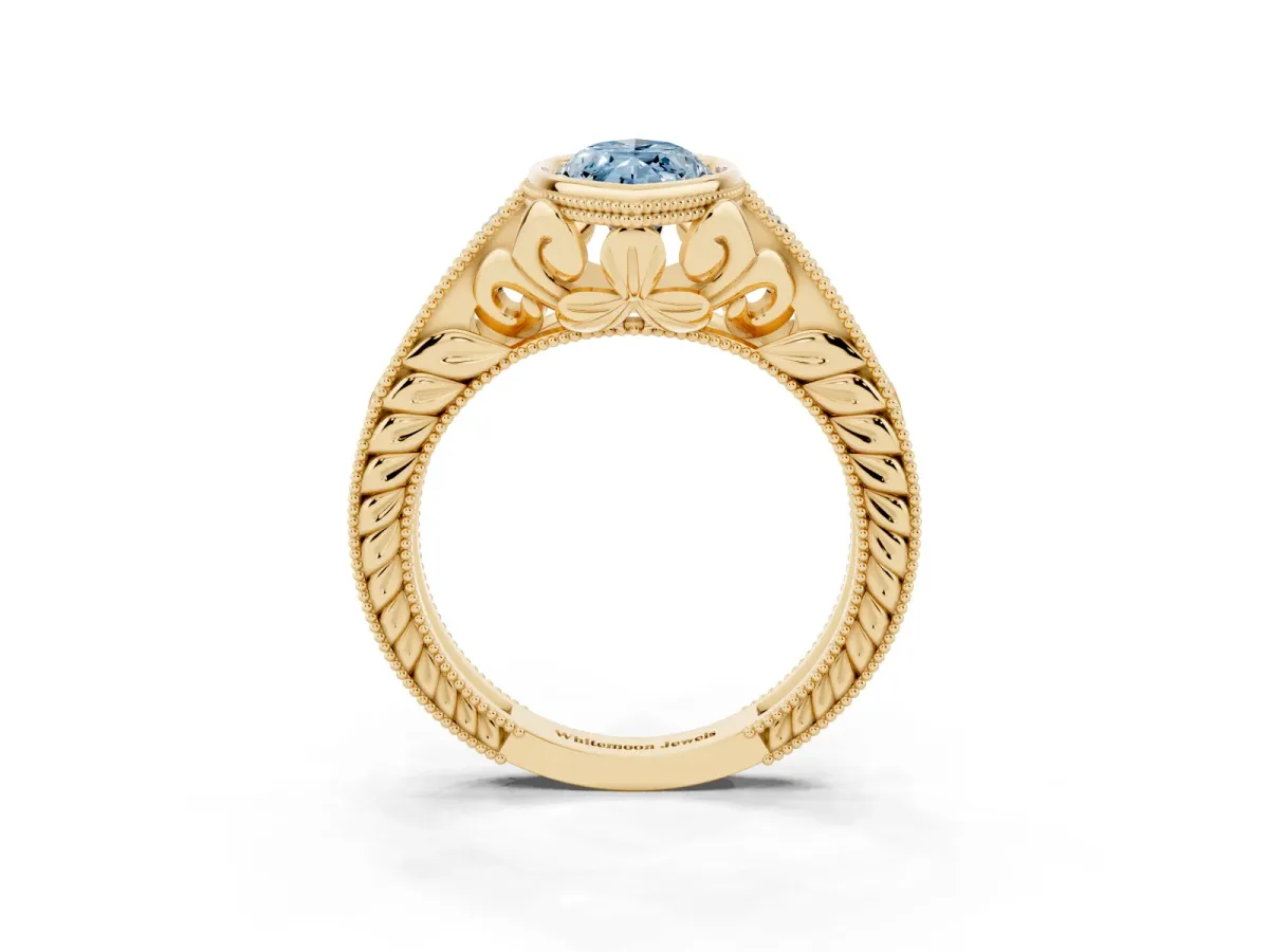 Fancy Blue Bezel Set Marquise Cut Diamond Milgrain Pave Engagement Ring Yellow gold