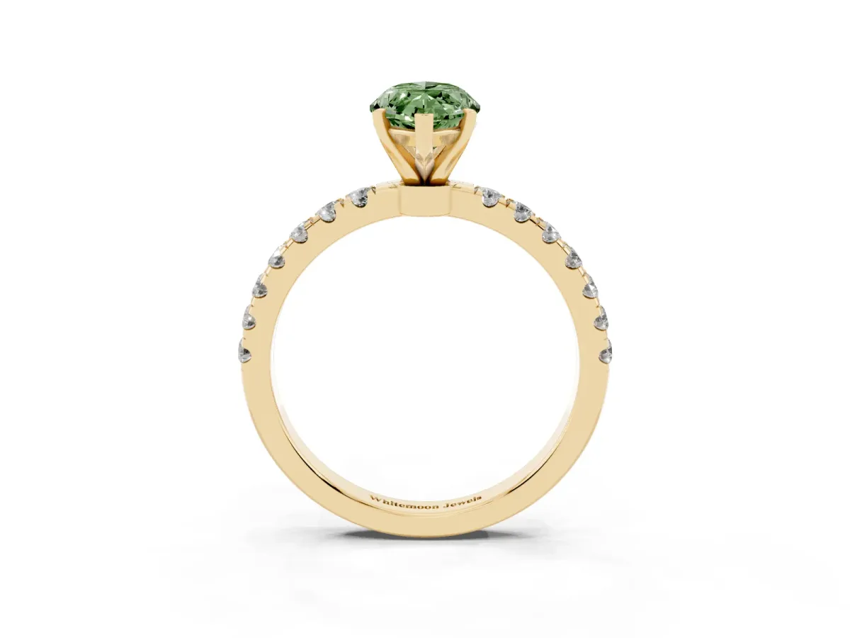 Fancy Green Marquise Cut Diamond Solitaire Ring with Pavé Accents and Four-Prong Setting Yellow gold