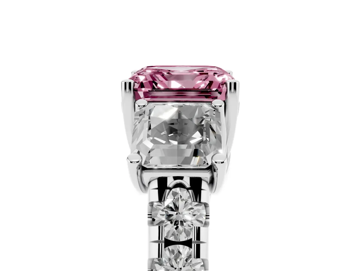 Fancy Pink Three-Stone Asscher Cut Diamond Pavé Band with Prong Setting Platinum