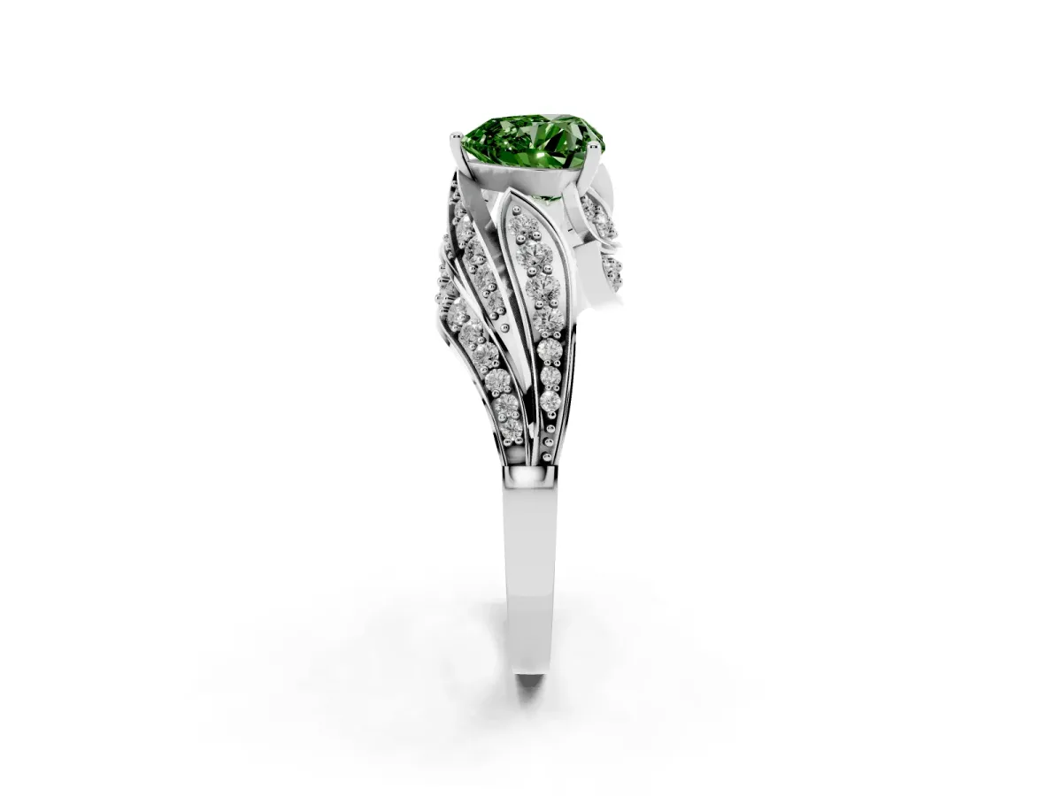 Fancy Green Heart Cut Diamond Solitaire Ring with Prong Setting and Twisted Pavé Band White gold