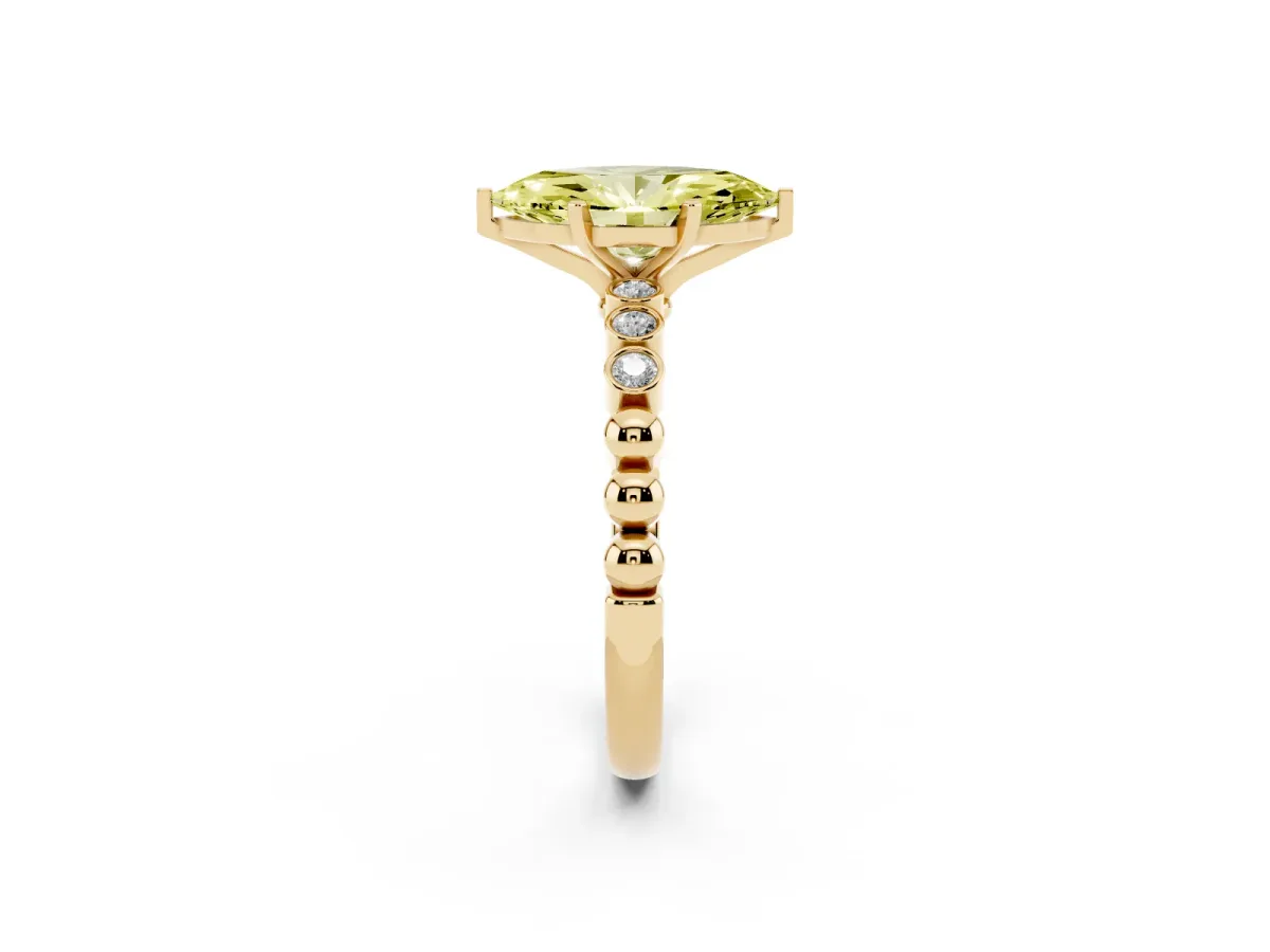 Fancy Yellow Marquise Cut Solitaire Bezel Accent Diamond Engagement Ring with Beaded Band and Four-Prong Setting Yellow gold