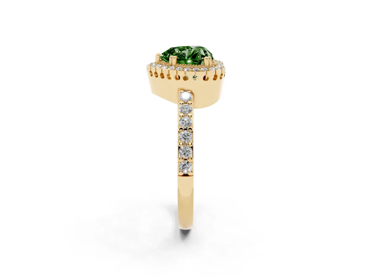 Fancy Green Heart Cut Cut Diamond Halo Engagement Ring with Milgrain Detail and Pavé Band Yellow gold