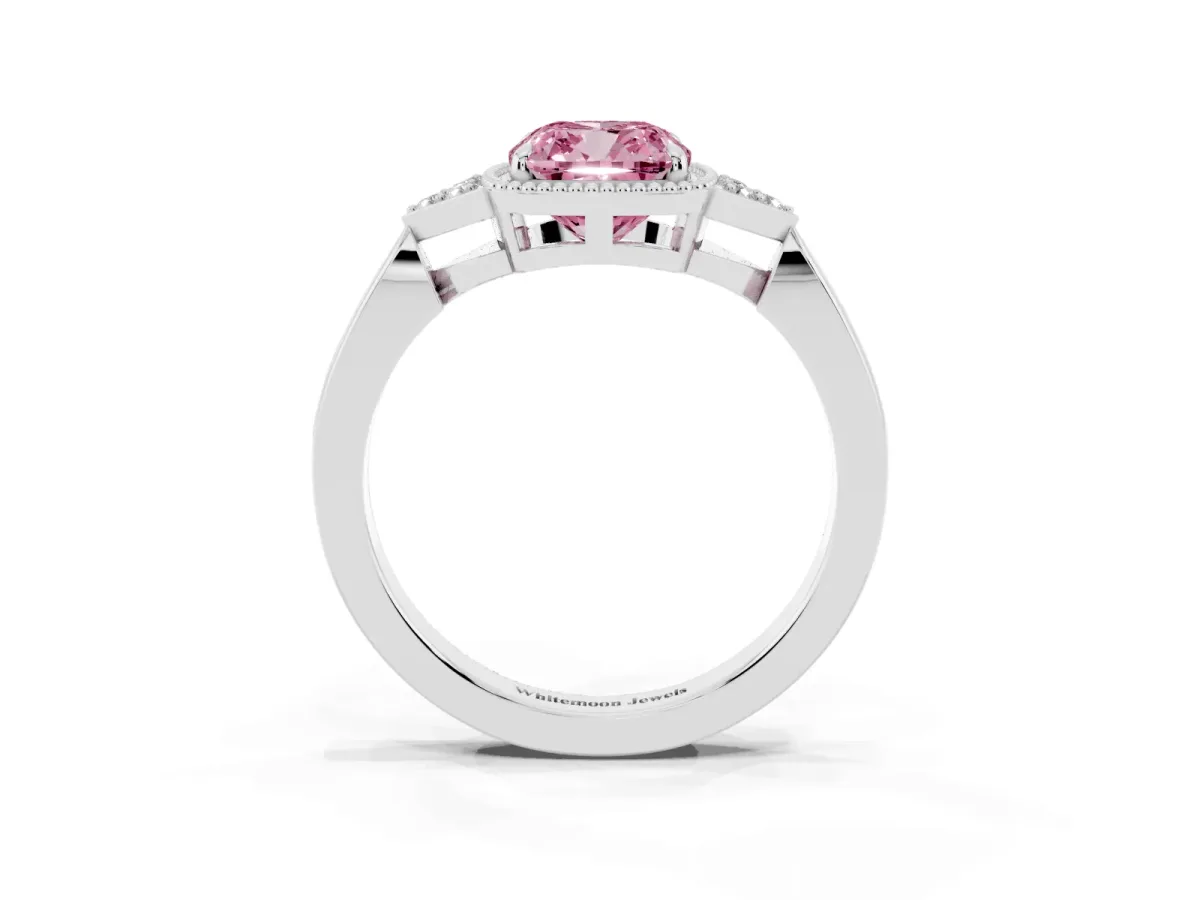 Fancy Pink Cushion Cut Diamond Halo Ring with Tapered Band and Four-Prong Setting White gold