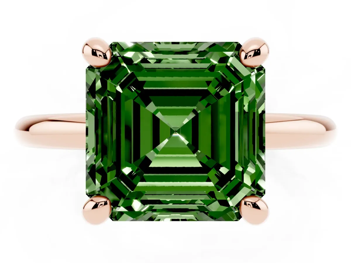 Fancy Green Asscher Cut Solitaire Diamond Ring with Four-Prong Setting on a Plain Band Rose gold