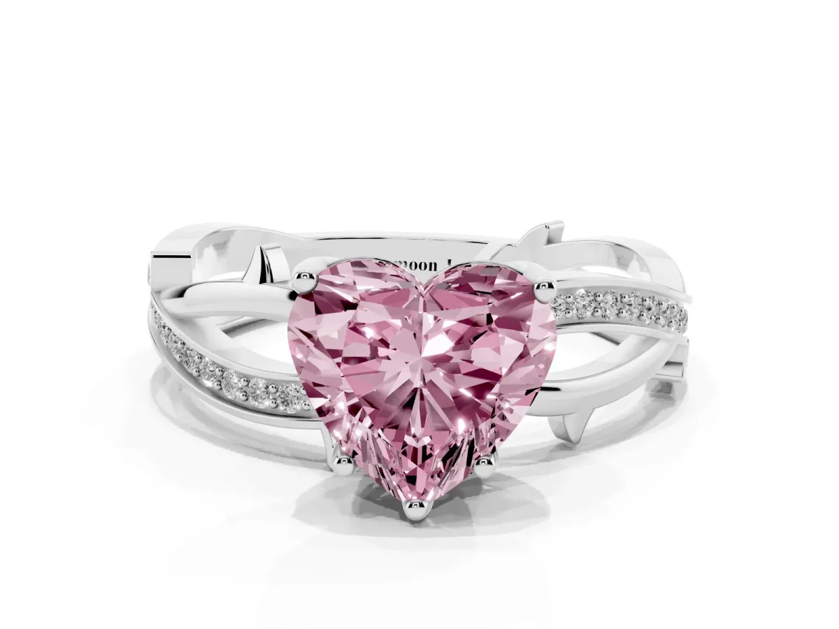 Fancy Pink Heart Cut Solitaire Twist Band with Pavé Accents and Four-Prong Setting Silver