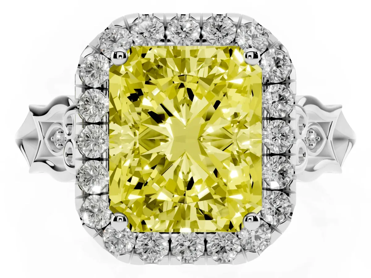 Fancy Yellow Radiant Cut Halo Diamond Engagement Ring with Filigree Band and Four-Prong Setting Platinum