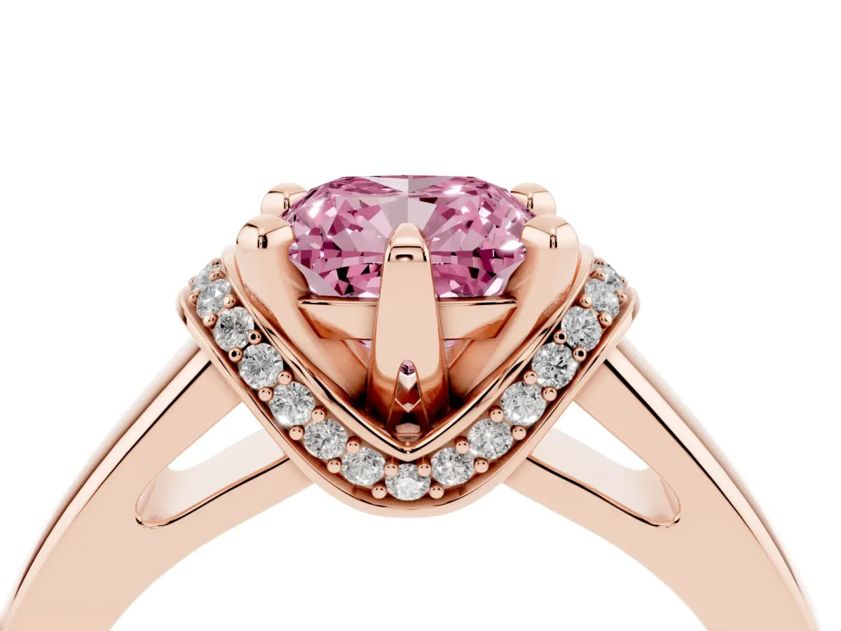 Fancy Pink Cushion Cut Solitaire Diamond Ring with Pave Band and Six-Prong Setting Rose gold