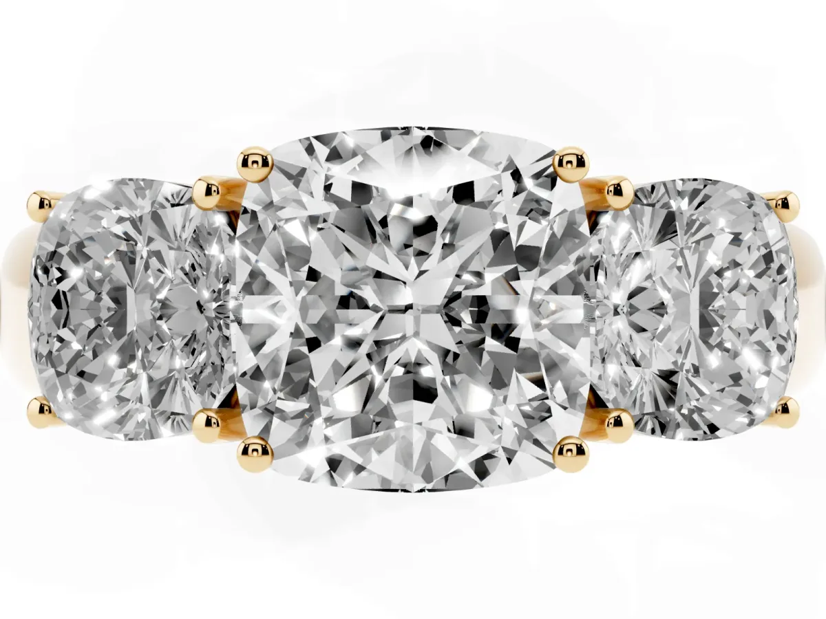 Three-Stone Cushion Cut Cut Diamond Ring with Prong Setting and Classic Band Yellow gold