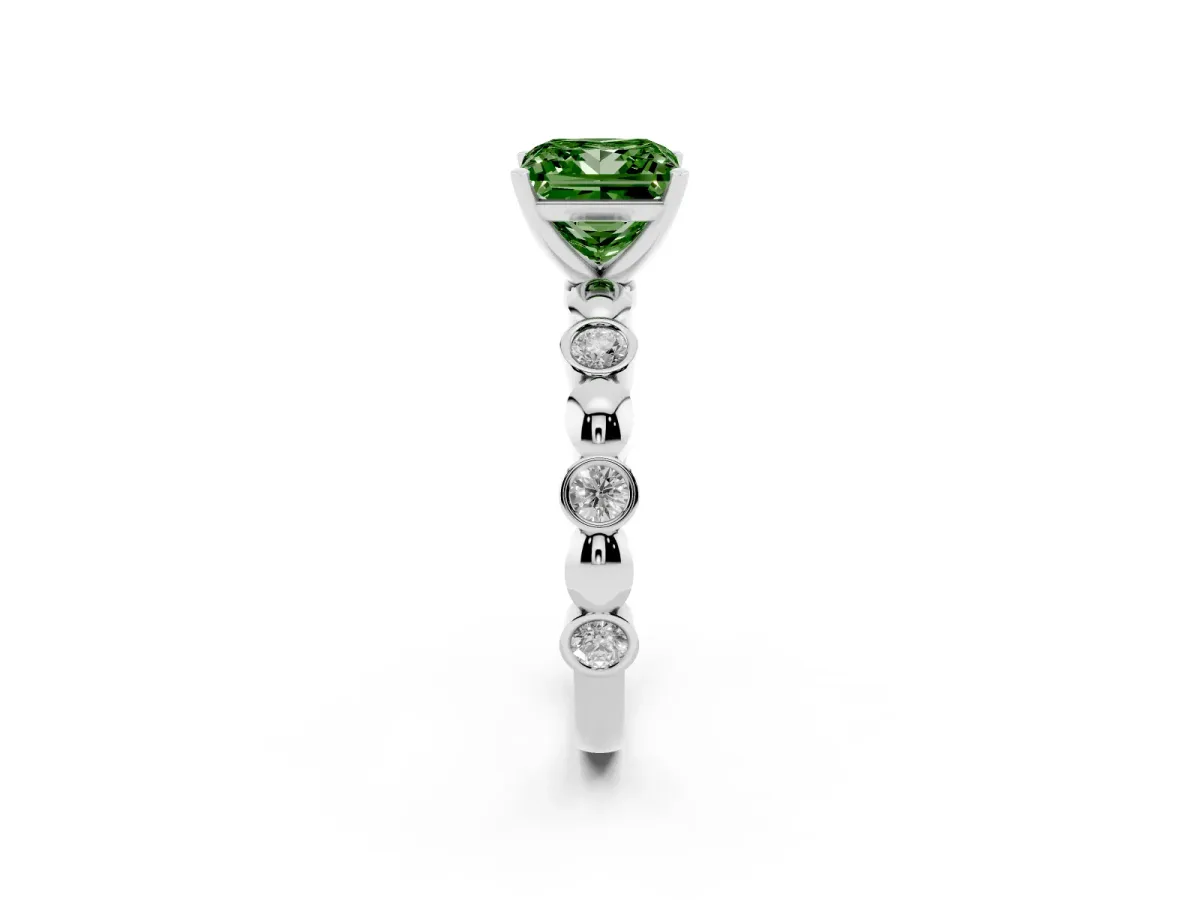 Fancy Green Princess Cut Solitaire Bezel-Set Diamond Ring with Beaded Band and Four-Prong Setting Silver