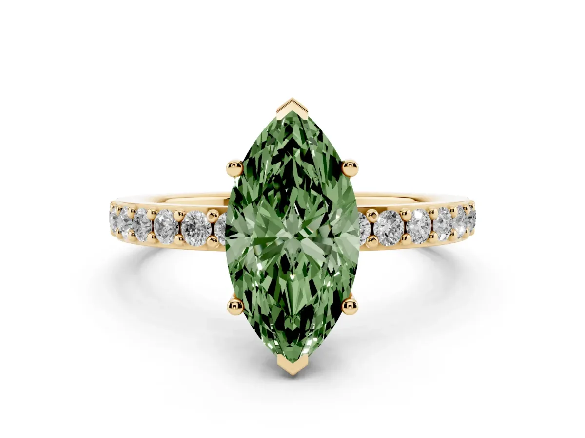Fancy Green Marquise Cut Cut Diamond Solitaire with Pave Band and Four-Prong Setting Yellow gold