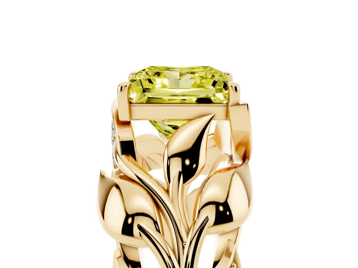 Fancy Yellow Princess Cut Diamond Leaf-Inspired Engagement Ring with Round Accents and Prong Setting Yellow gold