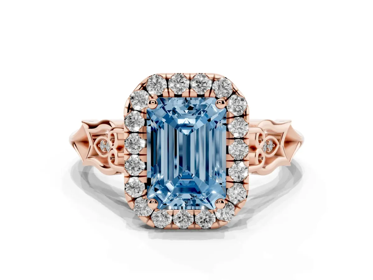 Fancy Blue Emerald Cut Halo Diamond Engagement Ring with Filigree Band and Four-Prong Setting Rose gold