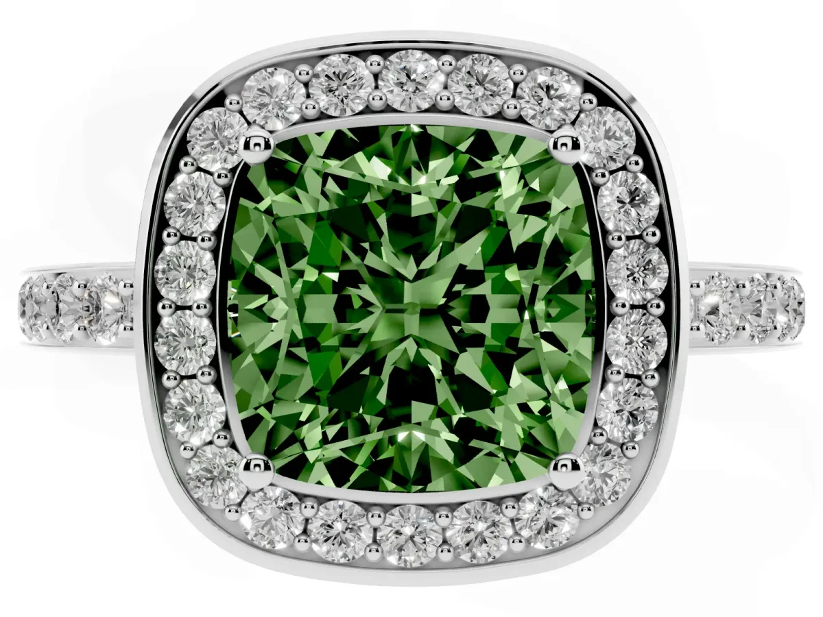 Fancy Green Cushion Cut Diamond Halo Ring with Bezel Frame and Pavé Band Silver