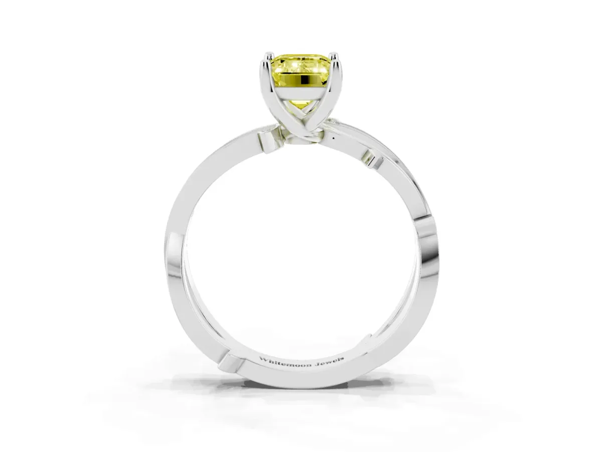 Fancy Yellow Emerald Cut Solitaire Twist Band with Pavé Accents and Four-Prong Setting Platinum
