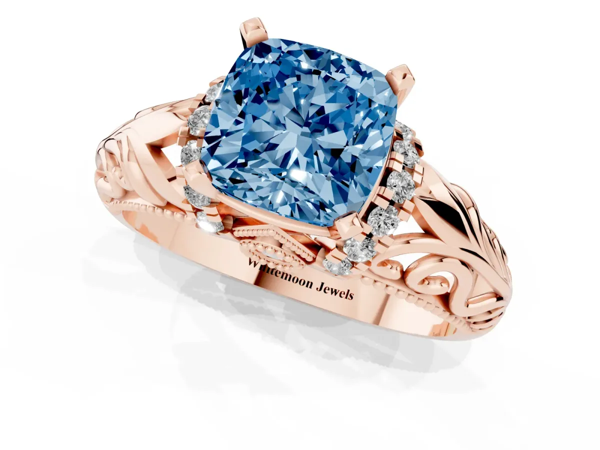 Fancy Blue Cushion Cut Solitaire Filigree Engagement Ring with Halo and Prong Setting Rose gold