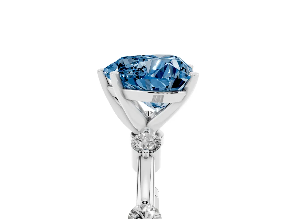 Fancy Blue Heart Cut Solitaire Diamond Ring with Bezel Set Side Stones and Prong Setting Silver