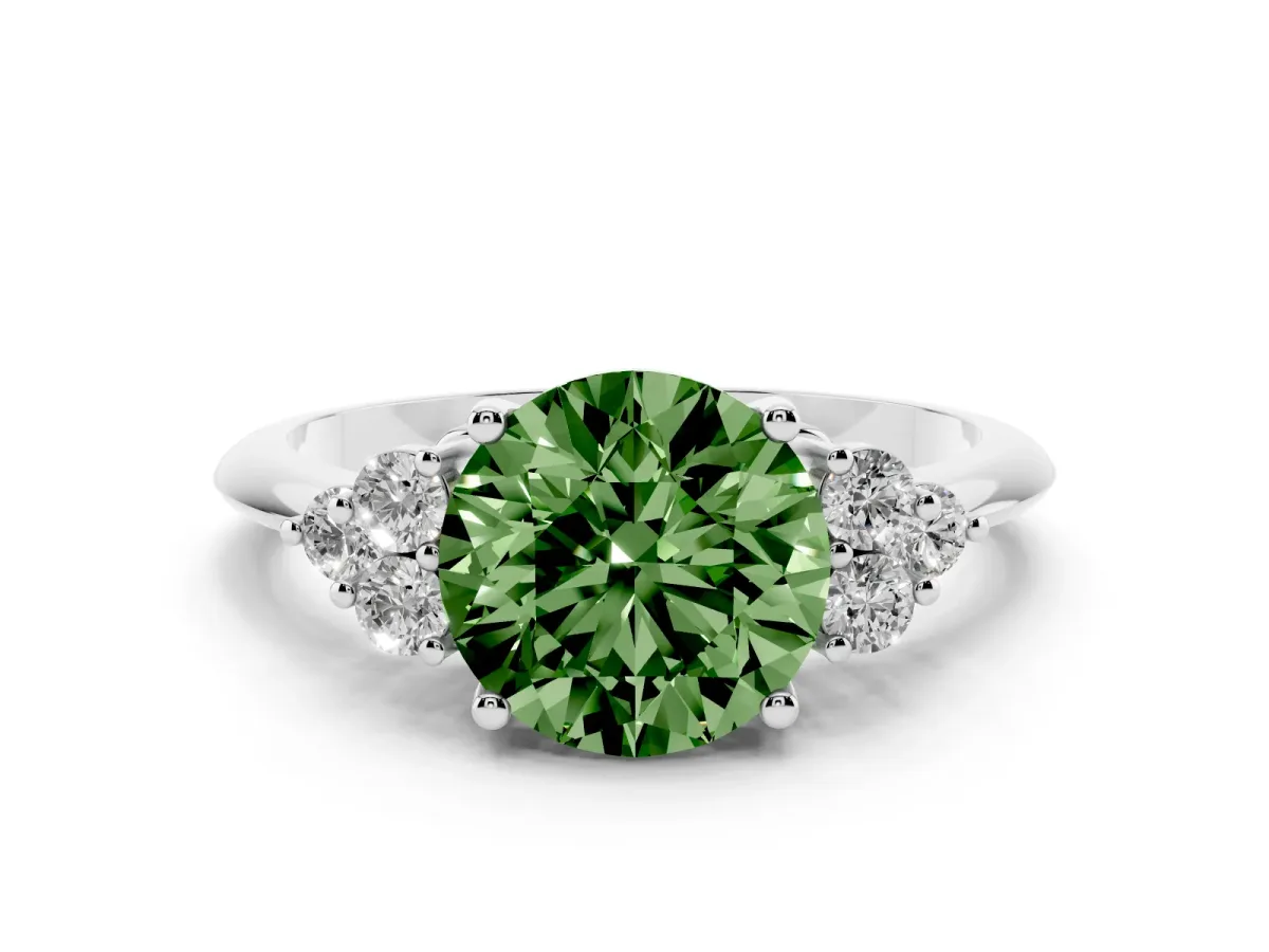 Fancy Green Round Cut Cut Diamond Cluster Ring with Solitaire Band and Four-Prong Setting Silver