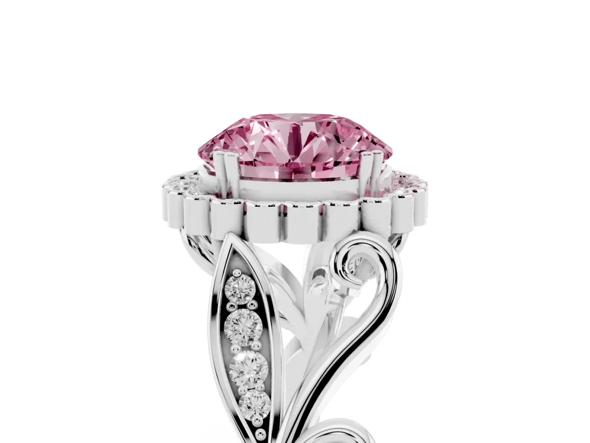 Fancy Pink Round Cut Diamond Halo Ring with Vintage Split Shank and Four-Prong Setting Silver