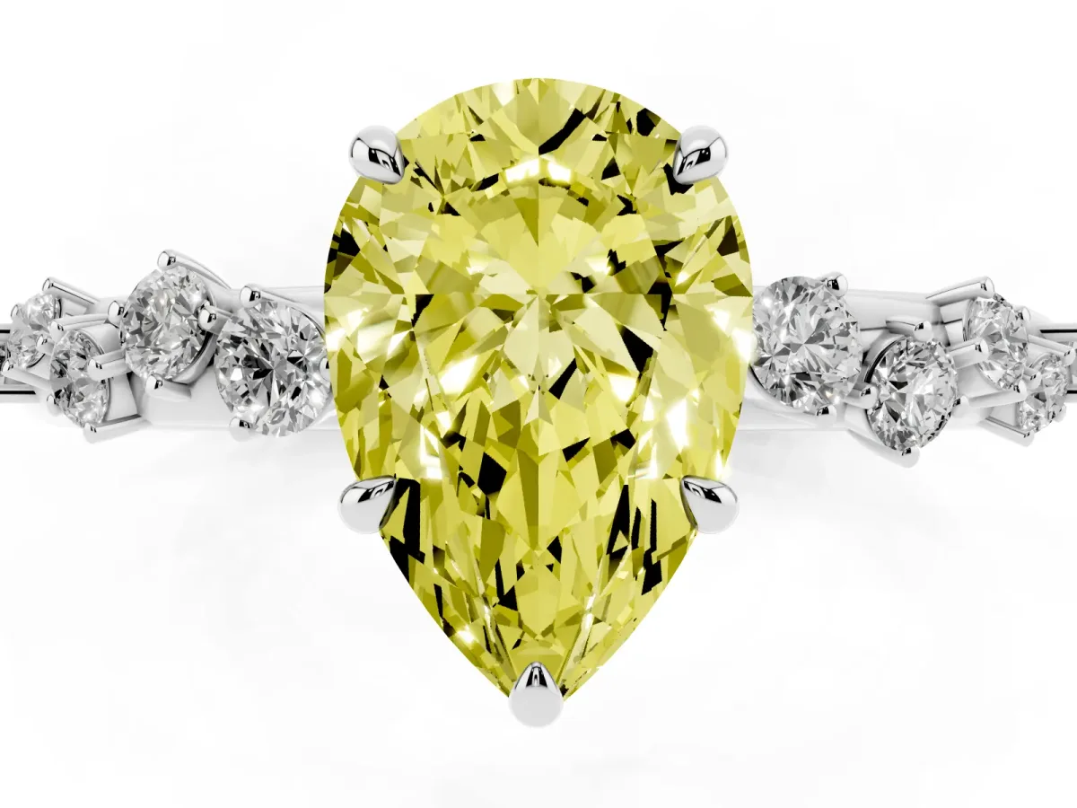 Fancy Yellow Pear Cut Diamond Cluster Prong-Set Solitaire Ring White gold