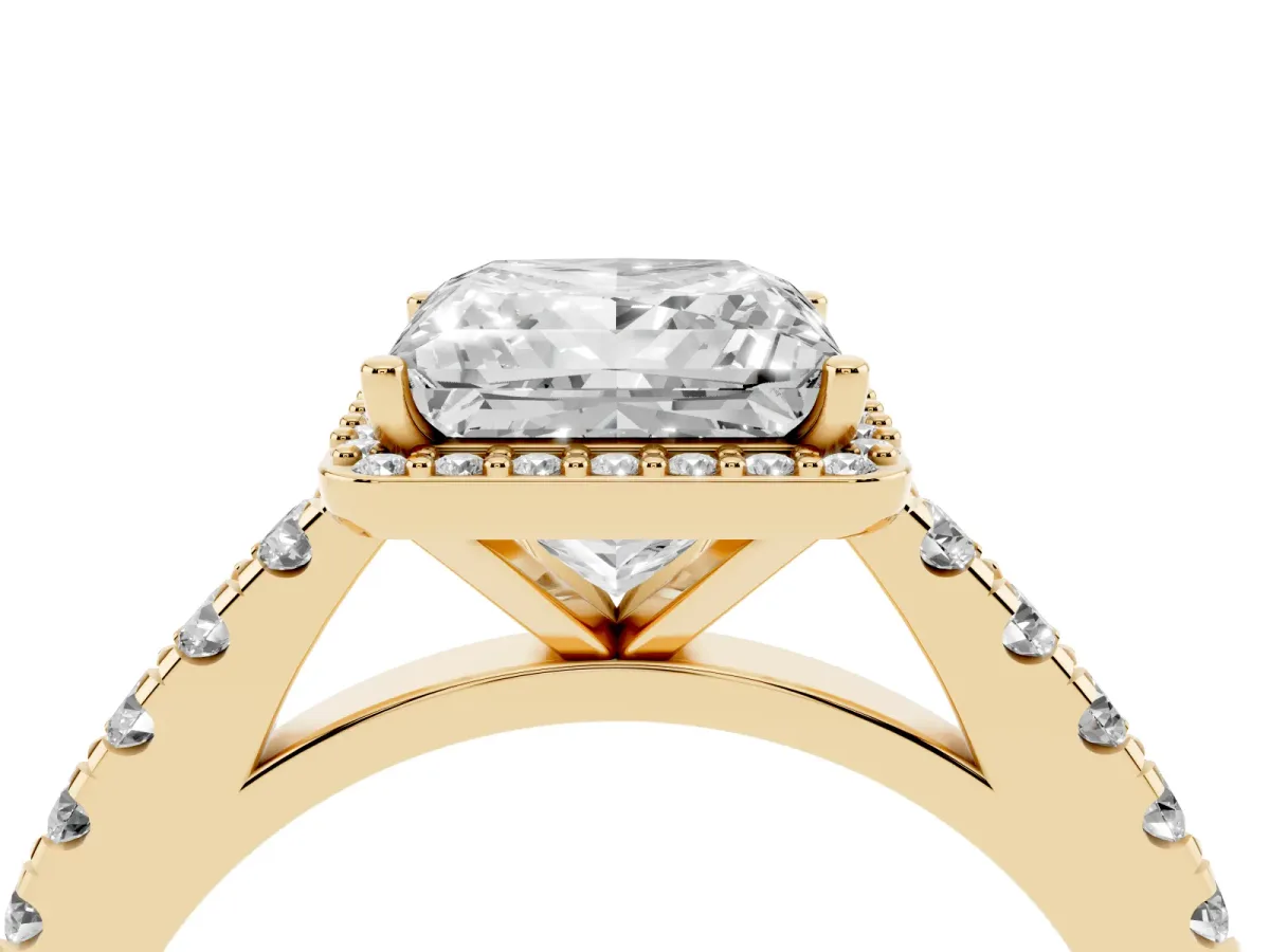 Princess Cut Cut Halo Diamond Engagement Ring with Pave Band and Four-Prong Setting Yellow gold