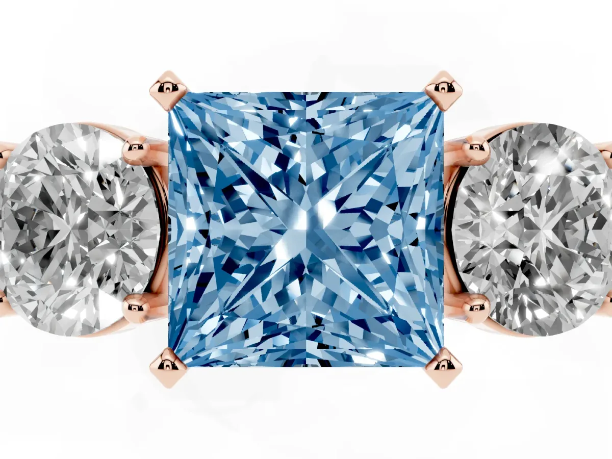 Fancy Blue Three-Stone Princess Cut Diamond Ring with Round Side Stones, Classic Band, and Four-Prong Setting Rose gold