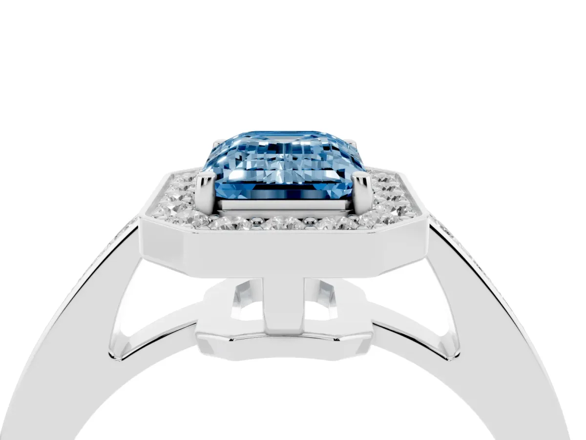 Fancy Blue Emerald Cut Halo Pavé Diamond Engagement Ring with Bezel Setting White gold