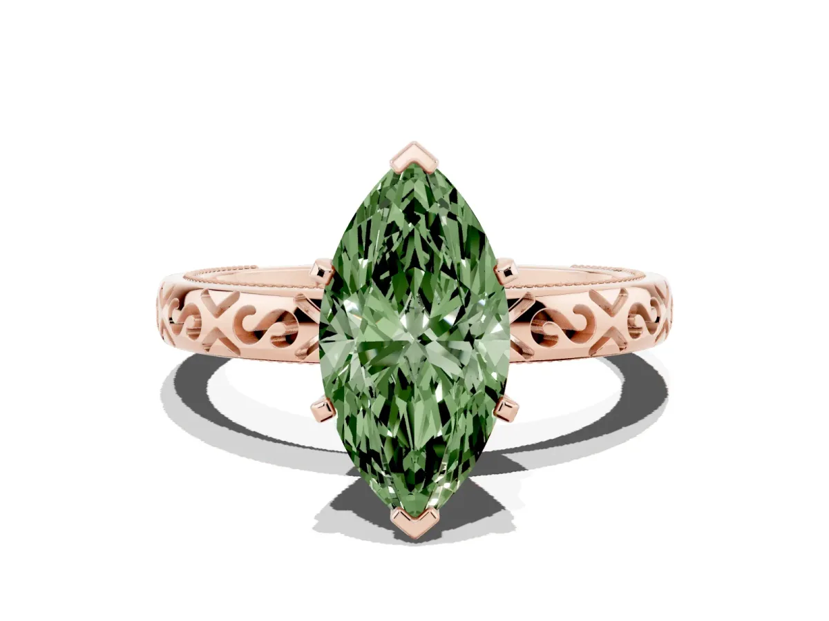 Fancy Green Marquise Cut Solitaire Engagement Ring with Scrollwork Band and Four-Prong Setting Rose gold