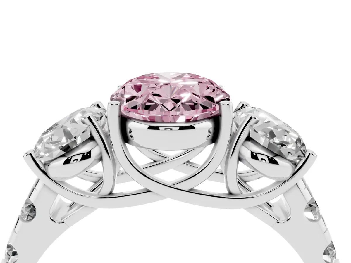 Fancy Pink Three-Stone Oval Cut Diamond Pavé Band with Prong Setting Platinum