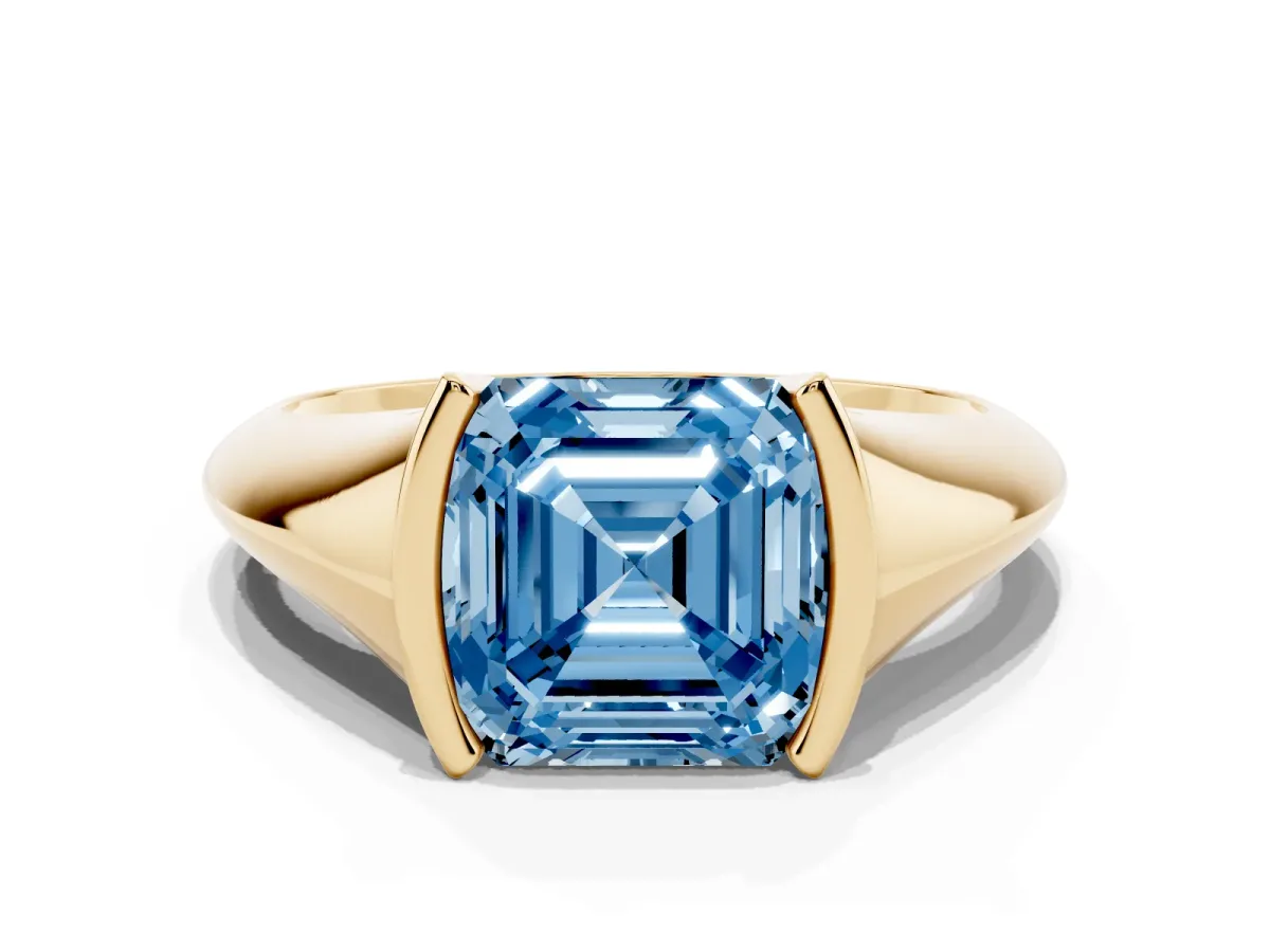 Fancy Blue Asscher Cut Solitaire Tension Set Diamond Ring Yellow gold