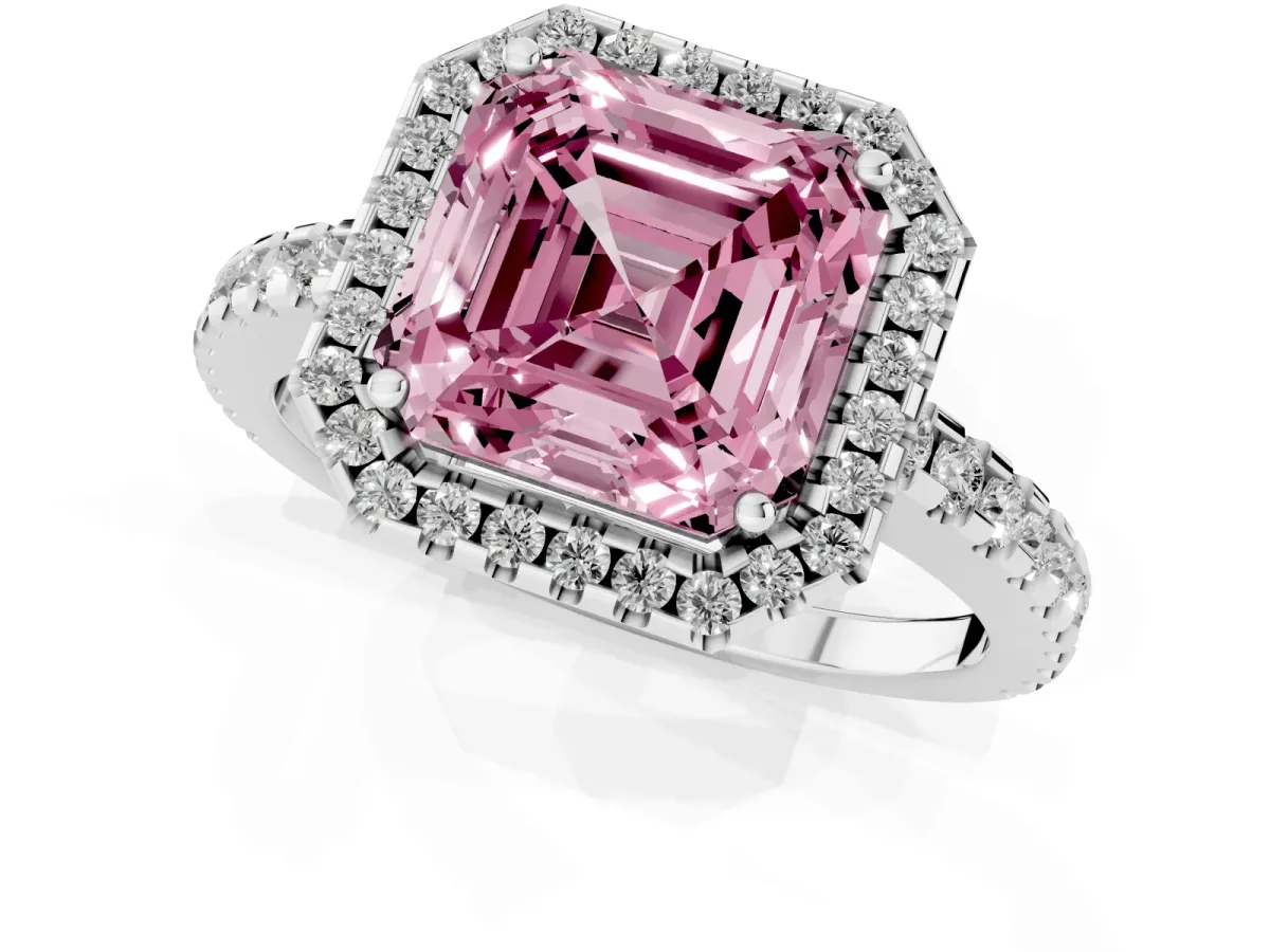 Fancy Pink Asscher Cut Diamond Halo Engagement Ring with Pavé Band and Prong Setting White gold
