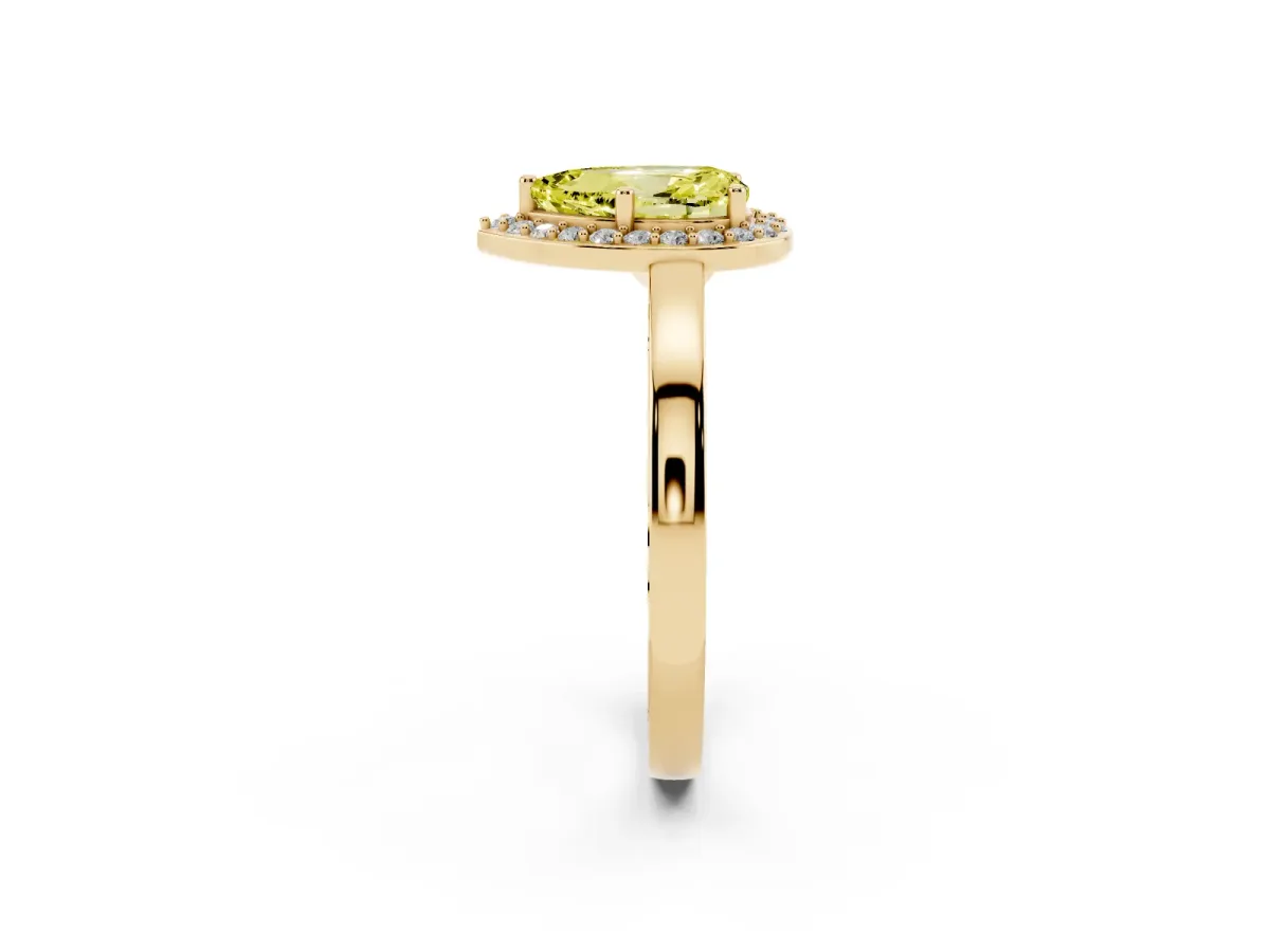 Fancy Yellow Pear Cut Halo Diamond Ring with Solitaire Band and Prong Setting Yellow gold