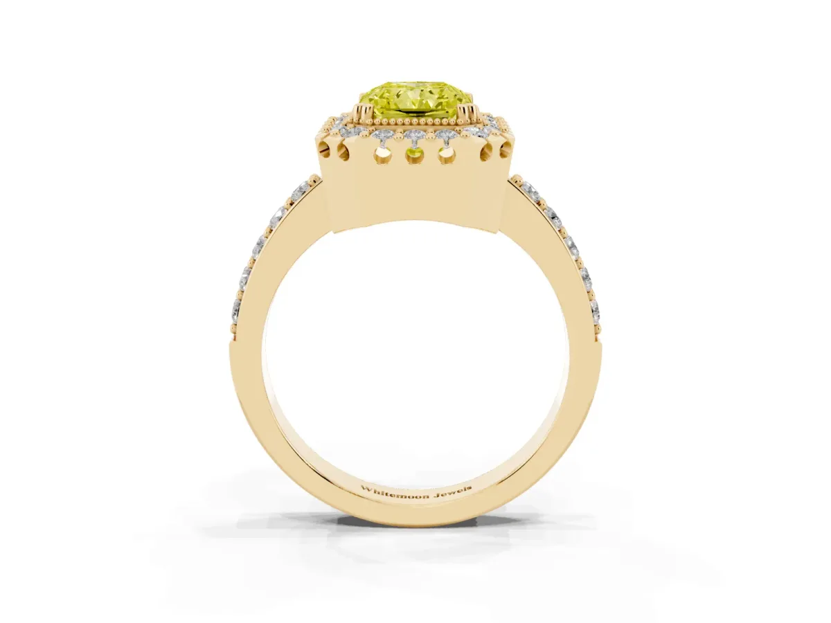 Fancy Yellow Radiant Cut Diamond Halo Ring with Pavé Band and Prong Setting Yellow gold