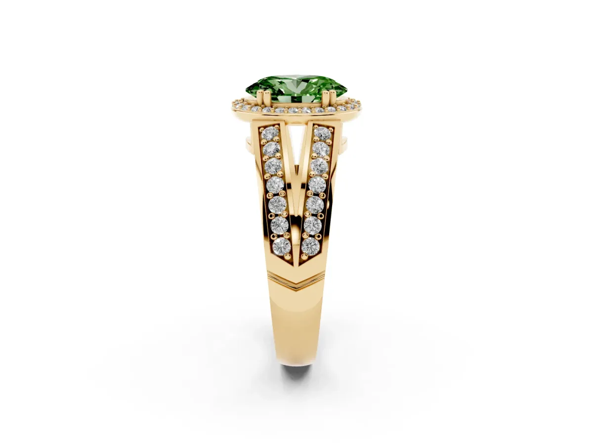 Fancy Green Oval Cut Diamond Halo Ring with Split Shank Pavé Band and Four-Prong Setting Yellow gold