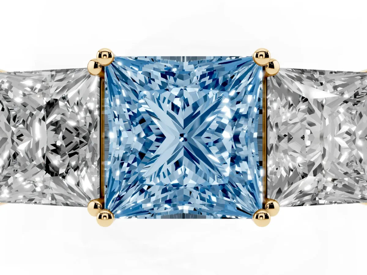 Fancy Blue Princess Cut Diamond Three-Stone Ring with Prong Setting and Textured Band Yellow gold