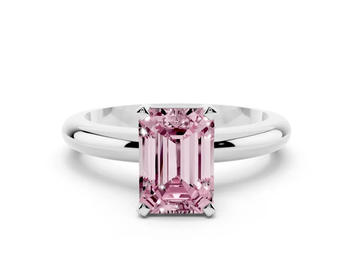 Fancy Pink Emerald Cut Diamond Solitaire Engagement Ring with Round Band and Four-Prong Setting Silver