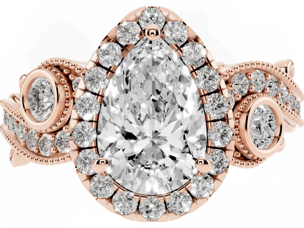 Pear Cut Diamond Halo Ring with Milgrain Pavé Band and Four-Prong Setting Rose gold