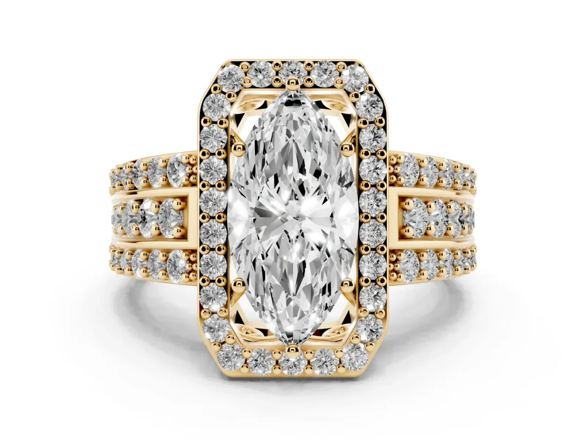 Marquise Cut Halo Diamond Ring with Round Split Shank and Prong Setting Yellow gold