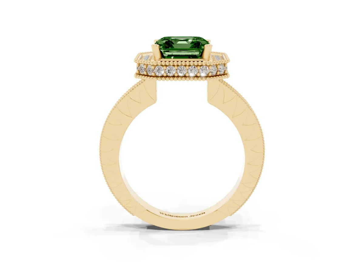 Fancy Green Asscher Cut Diamond Milgrain Halo Engagement Ring with Round Pavé Band and Prong Setting Yellow gold