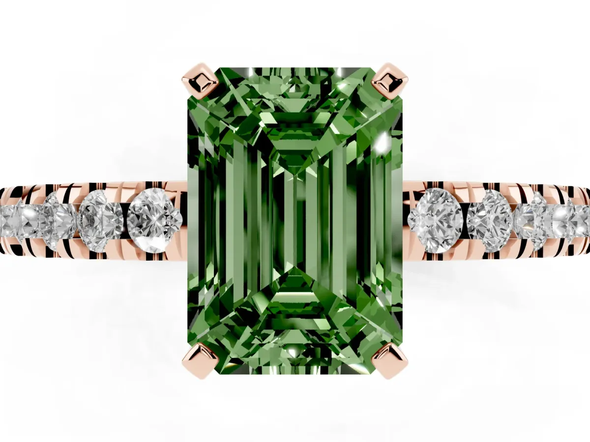 Fancy Green Emerald Cut Solitaire Diamond with Pavé Band and Four-Prong Setting Rose gold